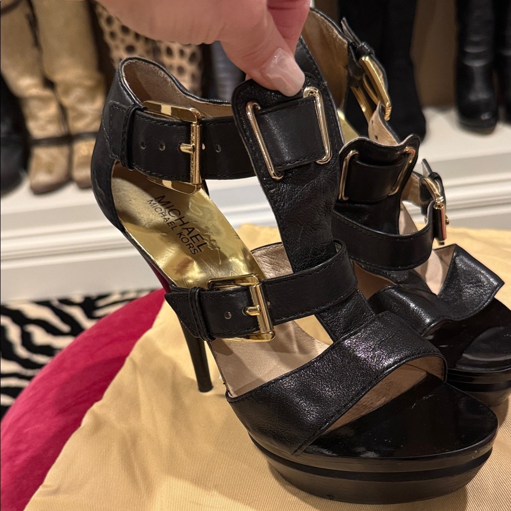 Michael Kors Black and Gold Heeled Sandals
